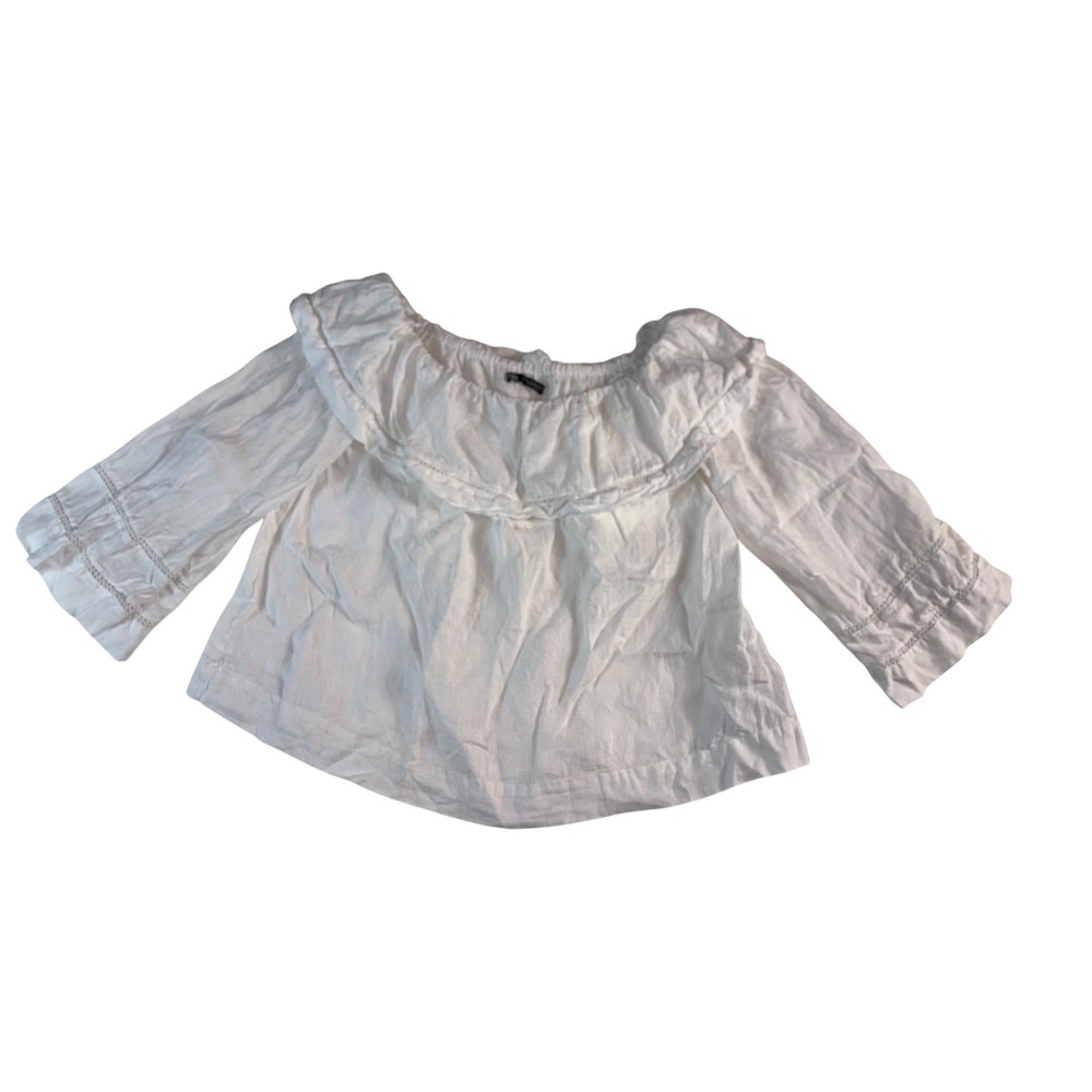 Zara White Linen Blend Off Shoulder Ruffle Blouse‎ Lace Trim Top Womens Size M